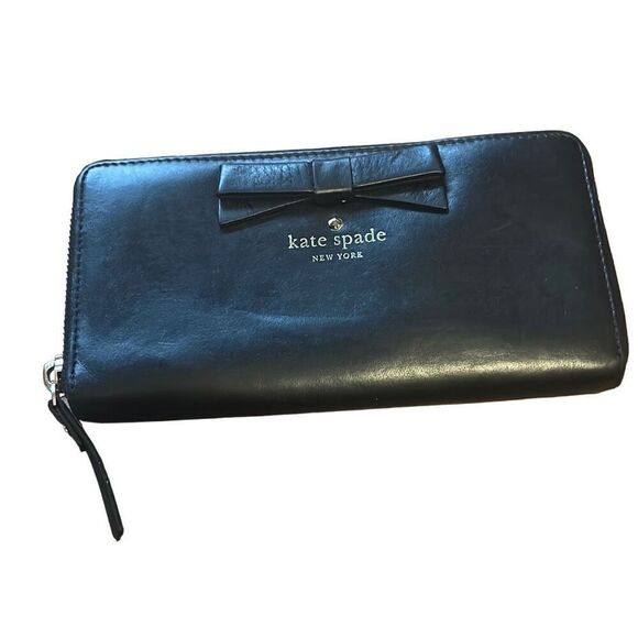 Kate Spade NY Black Leather Baldwin Street‎ Nisha Wallet Clutch W/bow - Picture 1 of 12